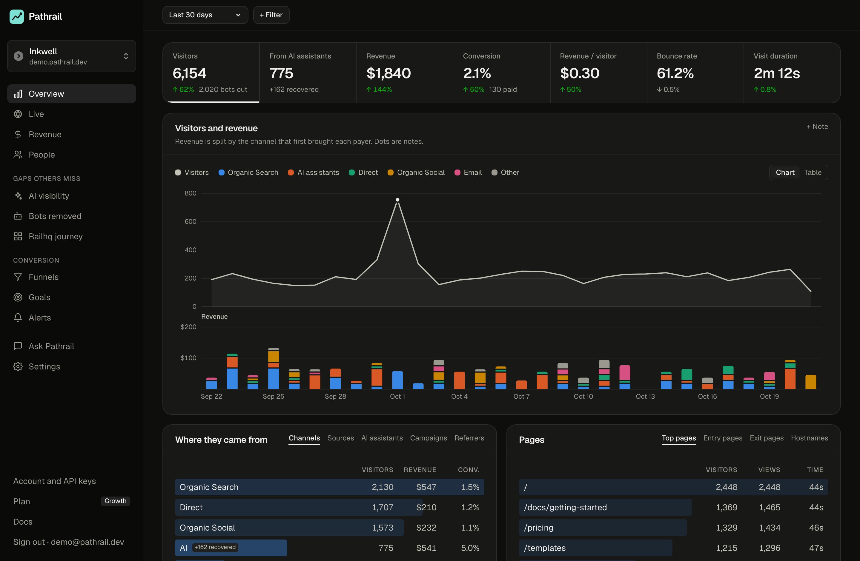 The Pathrail overview: visitors with revenue by channel underneath, bots removed and AI visits recovered in the top row, and sources shaded by revenue per visitor